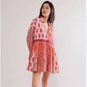 FREE PEOPLE L  Hazy baby printed Gypsie boho hippie mini dress NWOT mixed media